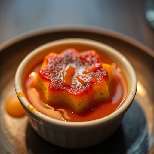 A close-up of malva pudding with apricot jam sauce drizzled on top, served in a ramekin.