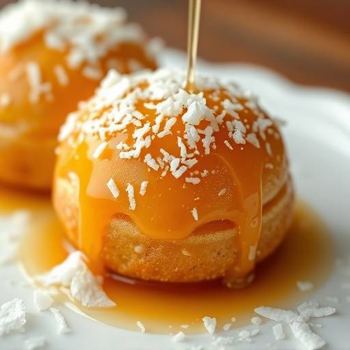 Close-up of golden brown, freshly made Koeksisters coated in syrup and sprinkled with coconut.