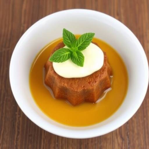 Malva Pudding served in a bowl, drizzled with a warm butter sauce and garnished with fresh mint.